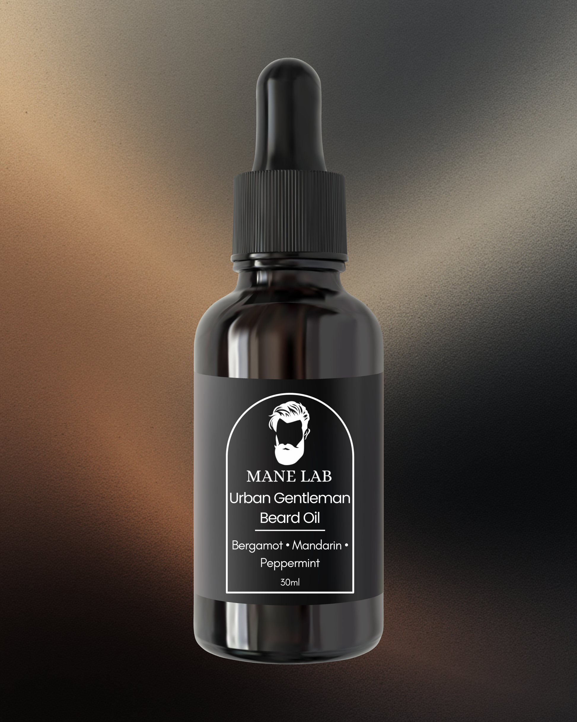 Bottle of Mane Lab Urban Gentleman Beard Oil with a dark background