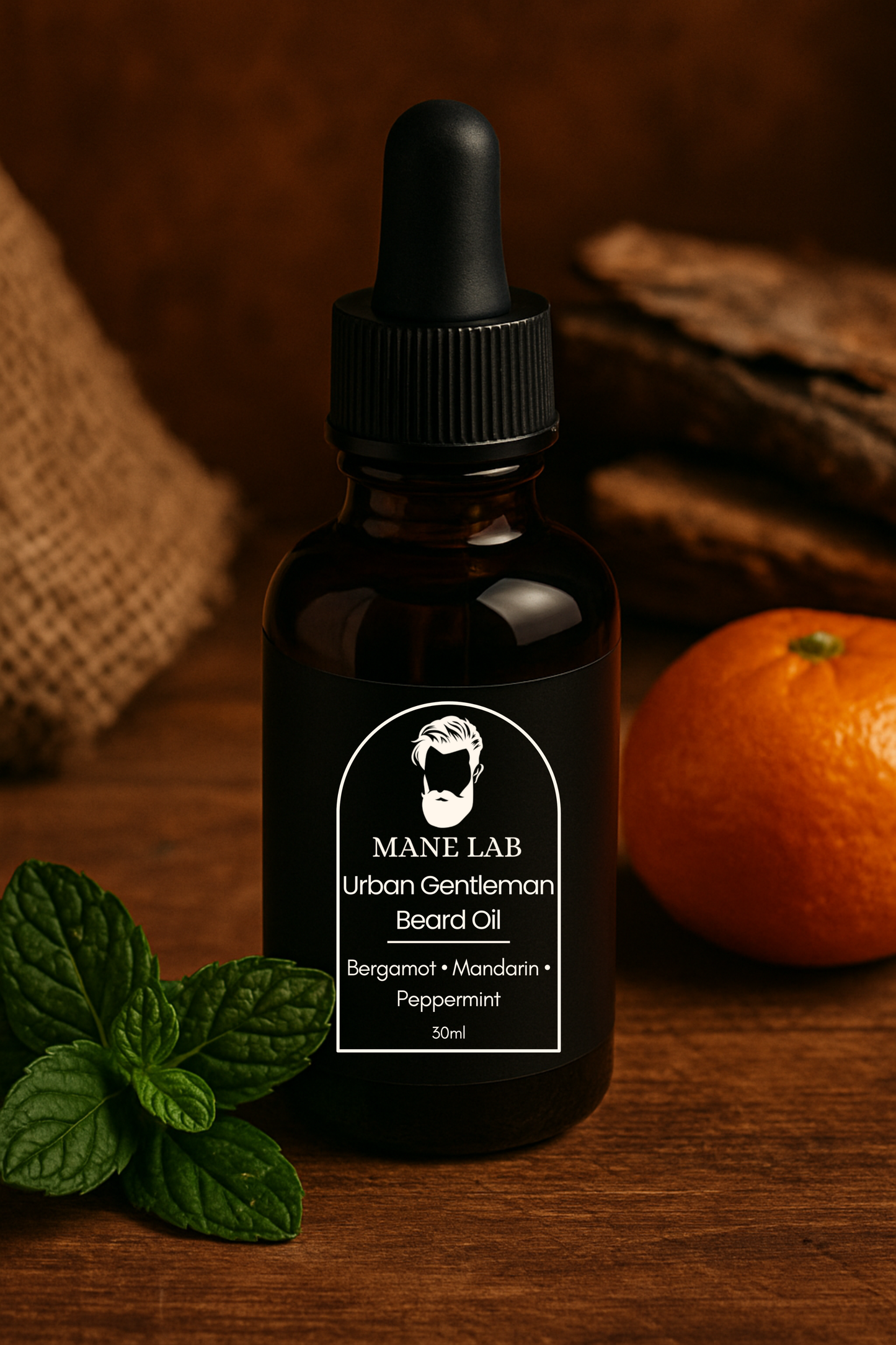 Bottle of Mane Lab Urban Gentleman Beard Oil with a mandarin orange and mint leaves on a wooden surface.