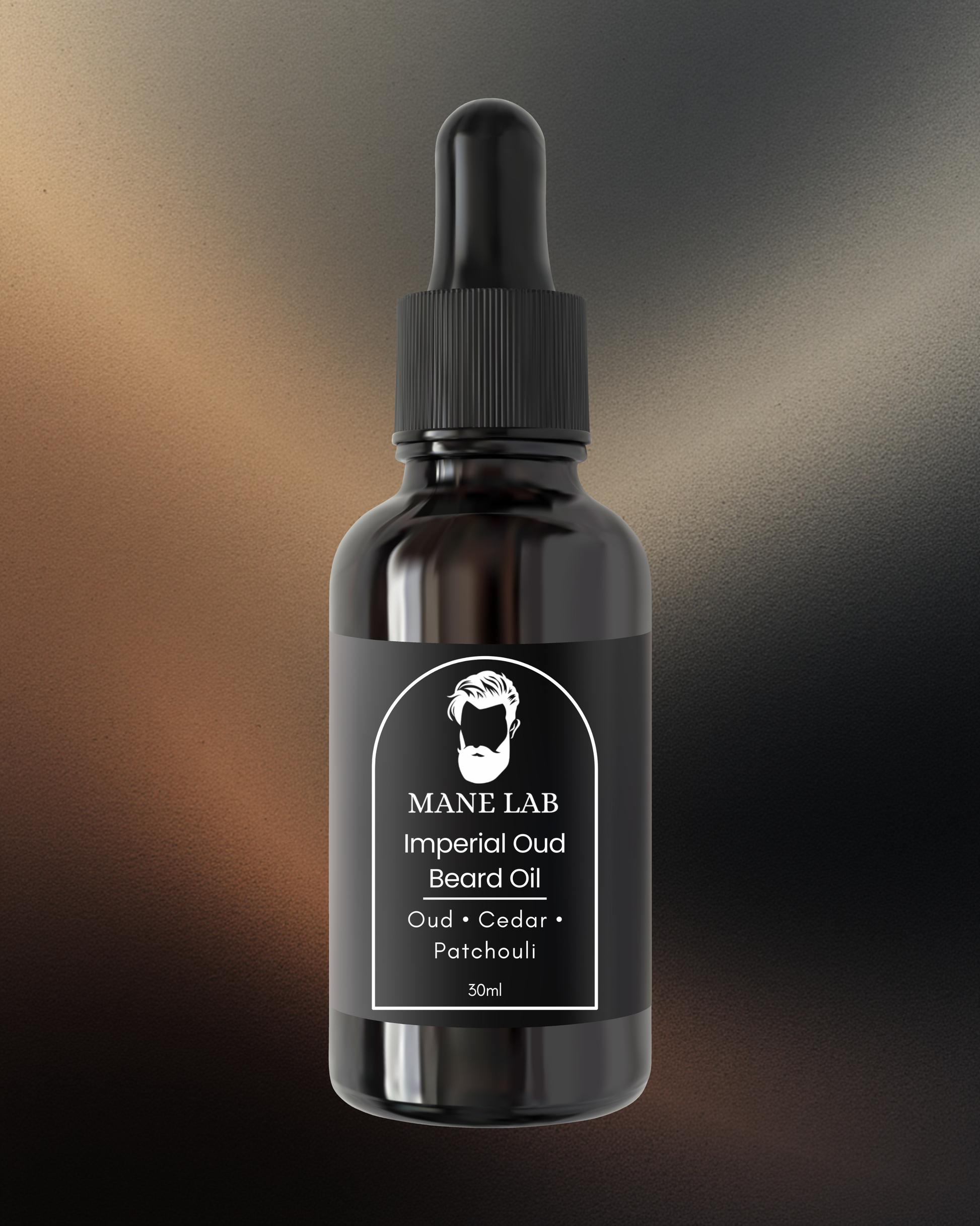 Bottle of Mane Lab Imperial Oud Beard Oil with a dark background