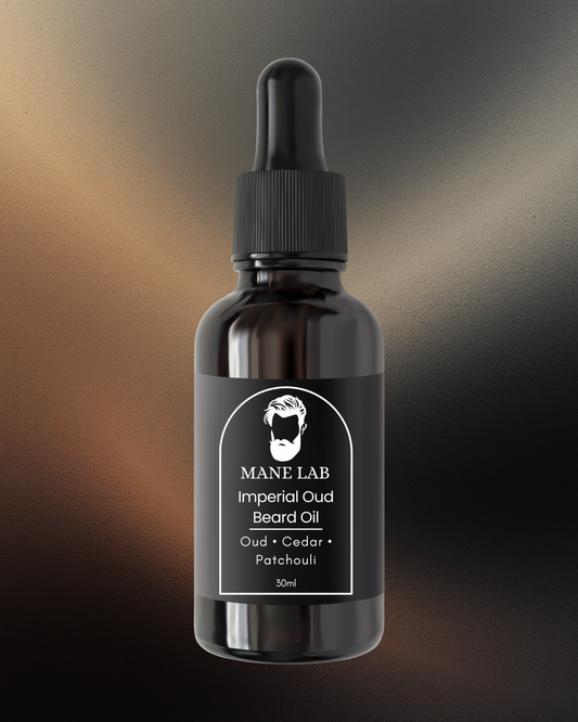 Bottle of Mane Lab Imperial Oud Beard Oil with a dark background