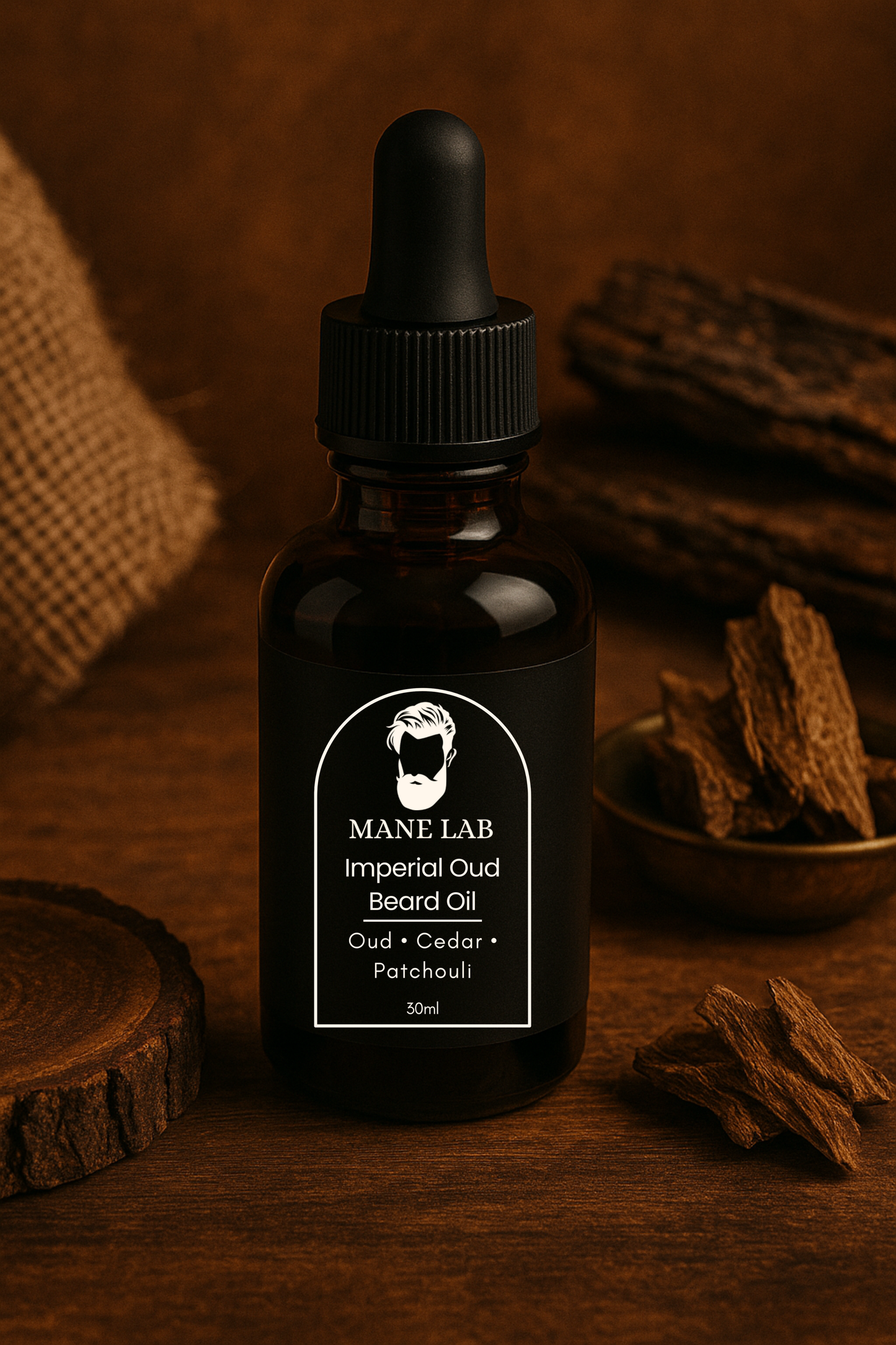 Bottle of Mane Lab Imperial Oud Beard Oil on a wooden surface with bark.