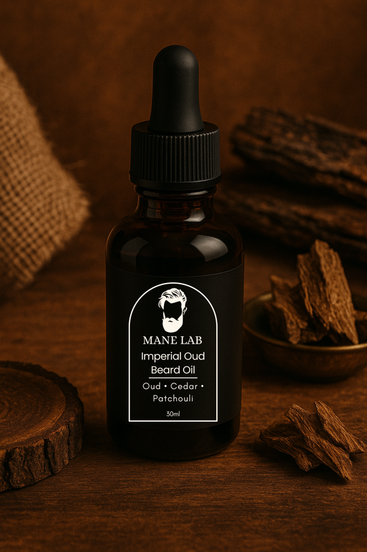 Bottle of Mane Lab Imperial Oud Beard Oil on a wooden surface with bark.