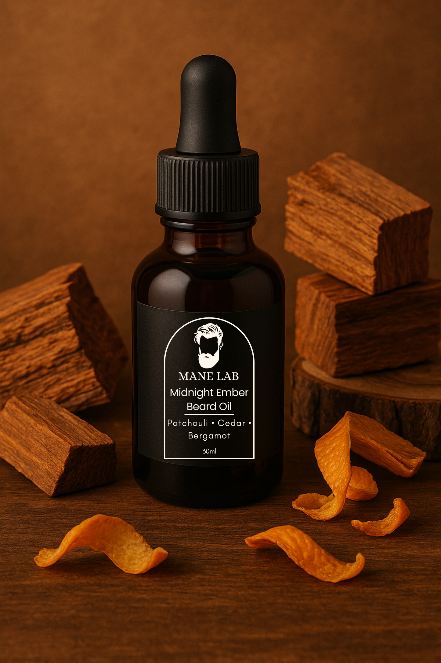 Bottle of Mane Lab Midnight Ember Beard Oil with wooden blocks and mandarin peels on a brown background