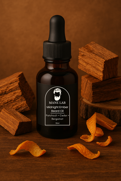 Bottle of Mane Lab Midnight Ember Beard Oil with wooden blocks and mandarin peels on a brown background
